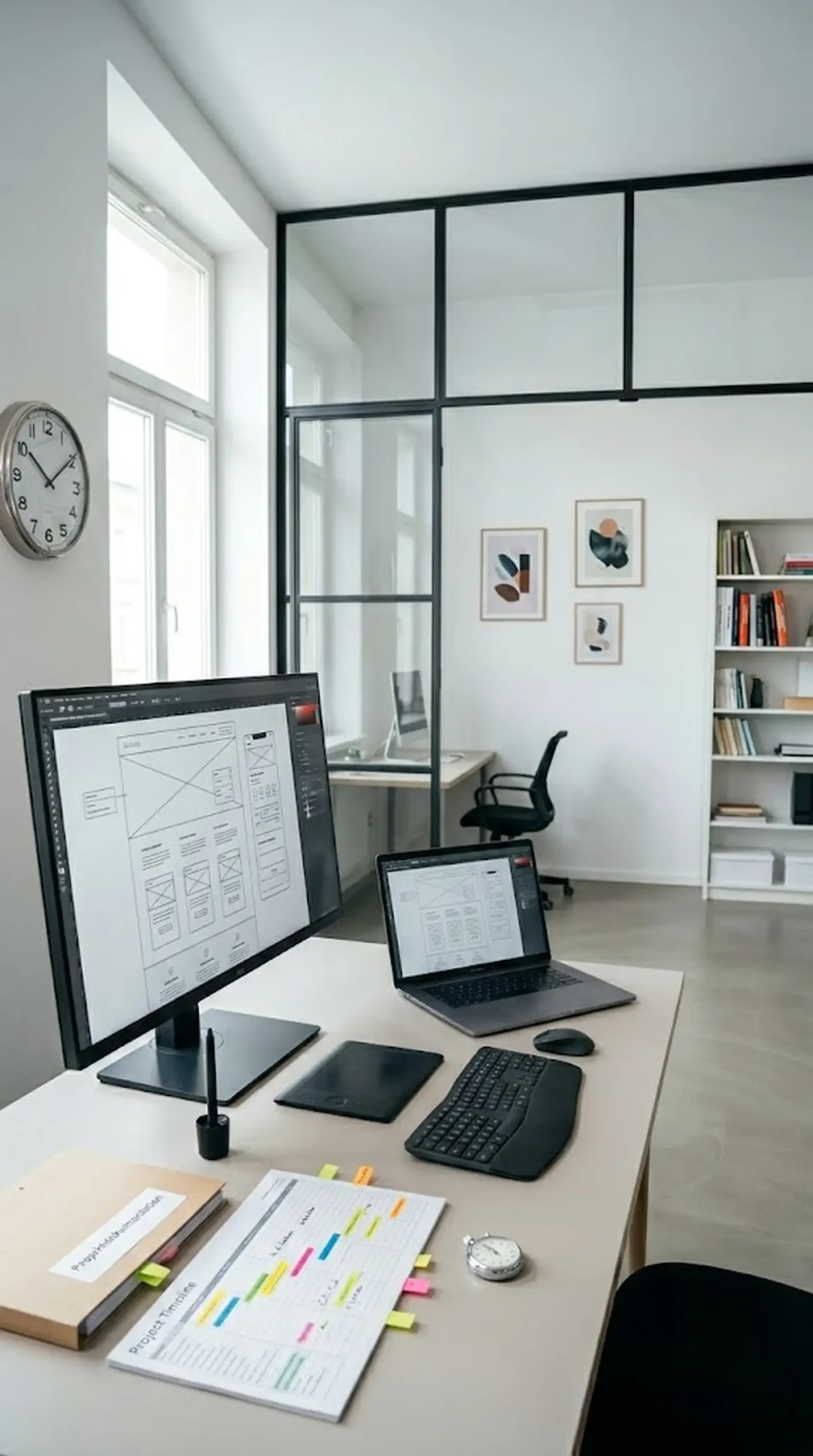 Moderner aufgeräumter Arbeitsplatz mit großem Monitor zeigt Wireframe in Design-Tool, Projekt-Timeline mit farbigen Haftnotizen, Glastrennwand, Bücherregal und Analoguhr – strukturierte und kreative Arbeitsumgebung für Webdesign-Projekte