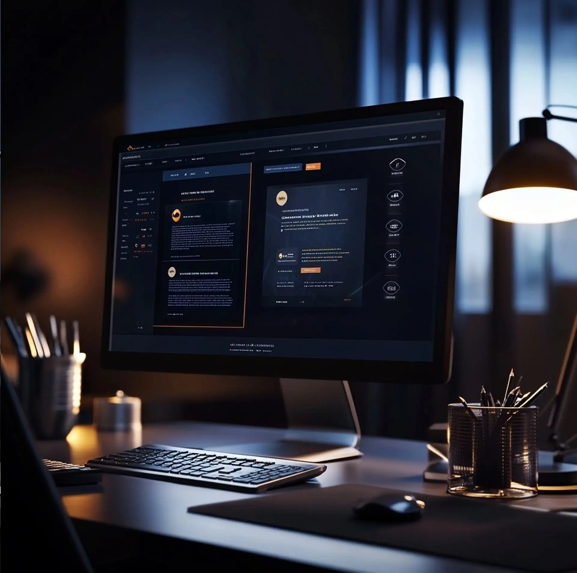 Dunkler Monitor zeigt eine professionell gestaltete Website mit orangefarbenen Akzenten und klarer Typografie, Schreibtischlampe und Studiobeleuchtung im Hintergrund – Beispiel für modernes und hochwertiges Webdesign