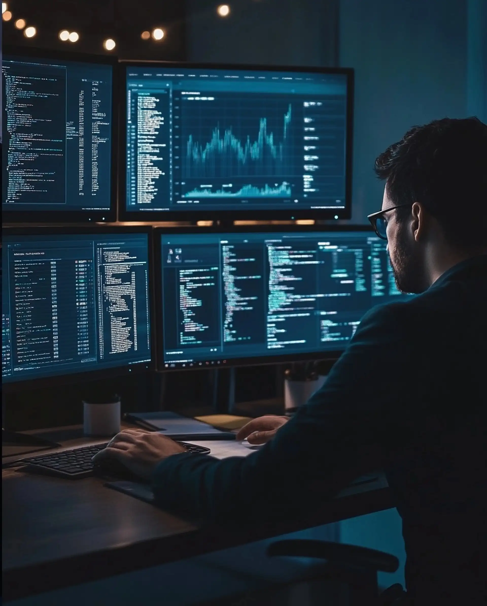 Entwickler-Arbeitsplatz mit vier Monitoren zeigt Code-Editor, Terminal und Analyse-Dashboards in blauem Neonlicht – professionelles Webentwicklungs-Setup für anspruchsvolle Projekte