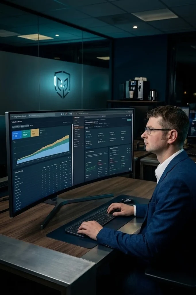 Mann im blauen Anzug arbeitet an einem gebogenen Ultrawide-Monitor mit SEO-Analyse-Dashboard, das Keyword-Rankings, organisches Traffic-Wachstum und Conversion-Metriken anzeigt