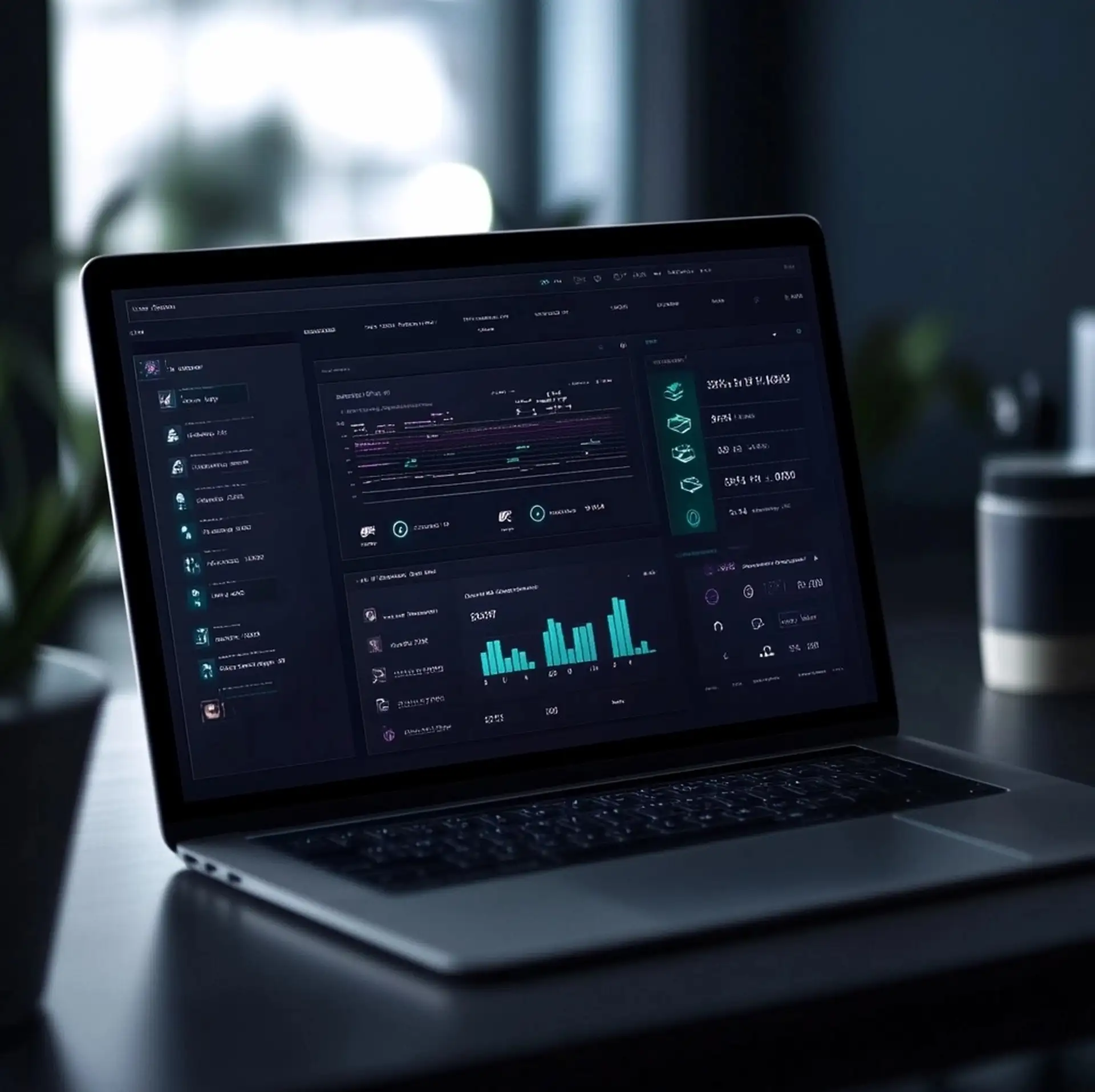 Laptop in dunklem Raum zeigt ein maßgeschneidertes Web-Applikations-Dashboard mit Seitennavigation und türkisfarbenen Balkendiagrammen – Beispiel für individuelle Unternehmens-Software von Klein WebCraft
