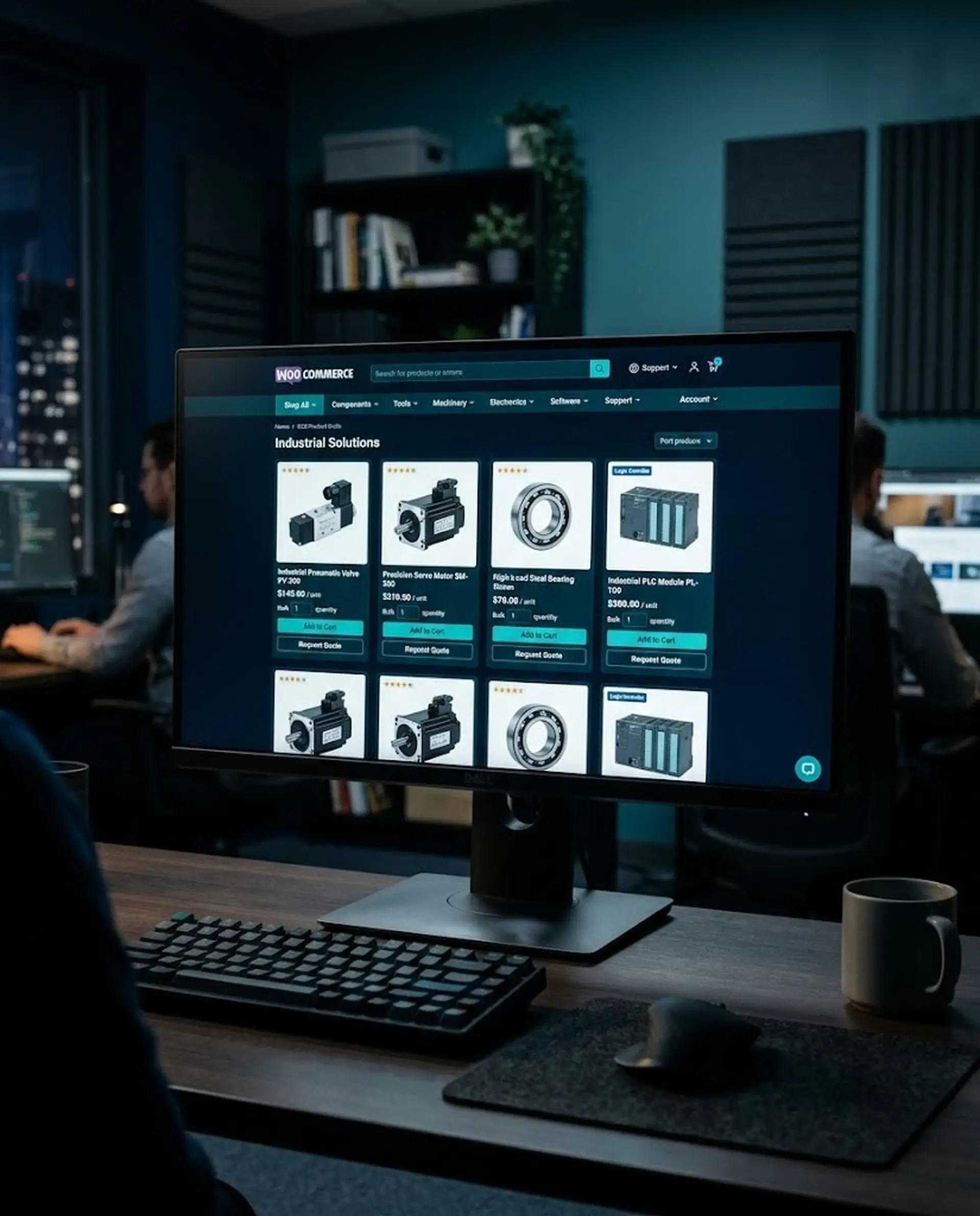 B2B WooCommerce-Shop Industrial Solutions auf dunklem Monitor: Produktraster mit Industriekomponenten wie Pneumatikventil, Servomotor, Kugellager und PLC-Modul mit Mengenauswahl und Add-to-Cart-Buttons – dunkel-türkises Farbschema