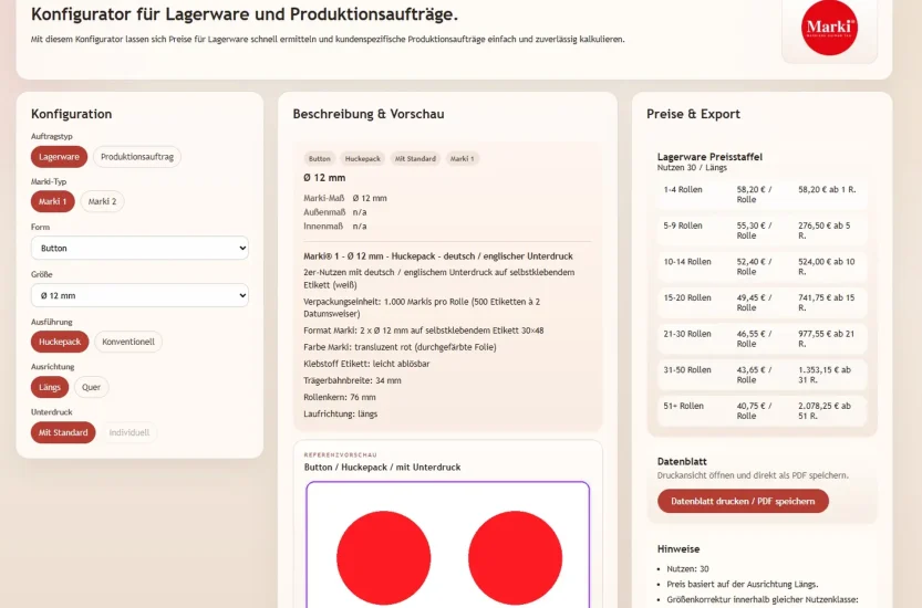 Screenshot des internen Marki Konfigurators – eine von Klein WebCraft entwickelte maßgeschneiderte Web-Applikation: dreispaltiges Layout mit Konfigurationsformular für Auftragstyp, Marki-Typ, Form, Größe und Ausführung, Produkt-Vorschau mit Spezifikationen und zwei roten Kreisen sowie Preistabelle mit gestaffelten Rollenpreisen und PDF-Export-Funktion